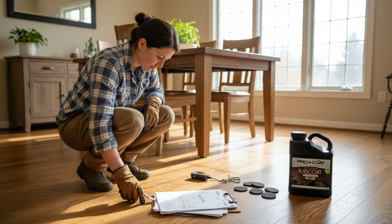 Specialist inspecting worn hardwood floor