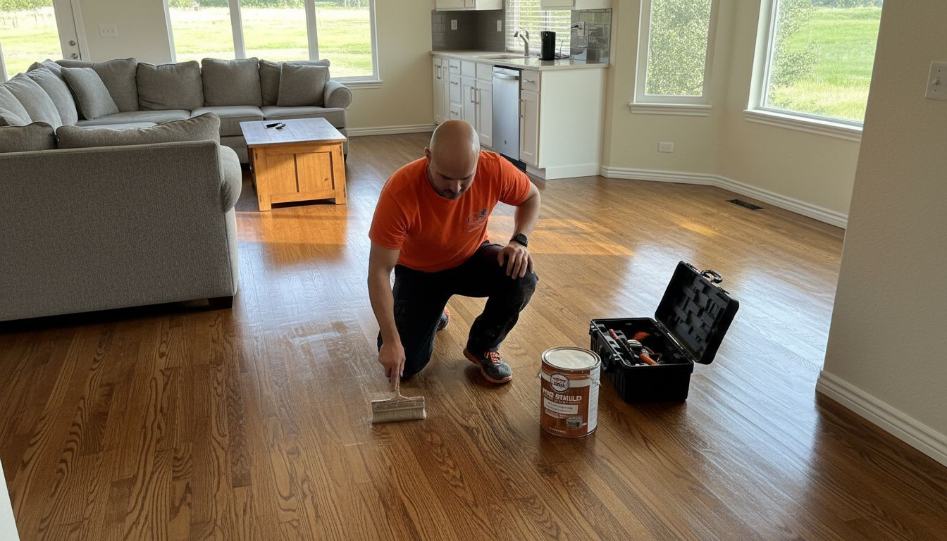 Specialist finishing hardwood floor in sunlight