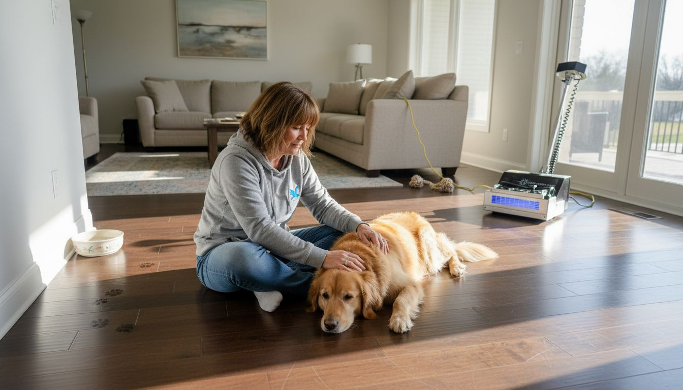Dog and owner relaxing on hardwood floor