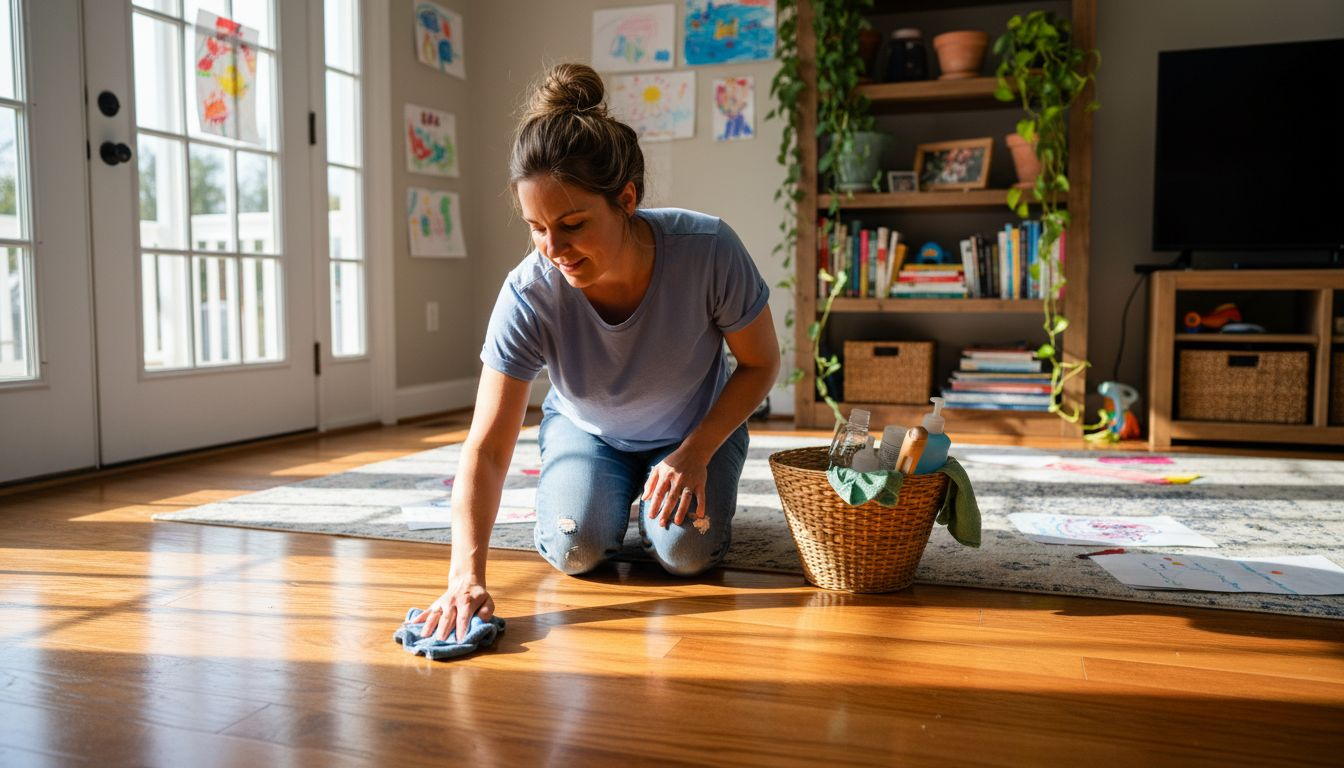 Woman gently cleaning hardwood floor naturally