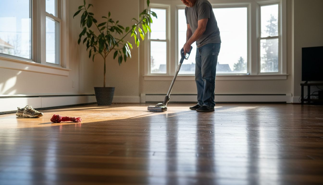 Denver homeowner vacuuming hardwood living room floor