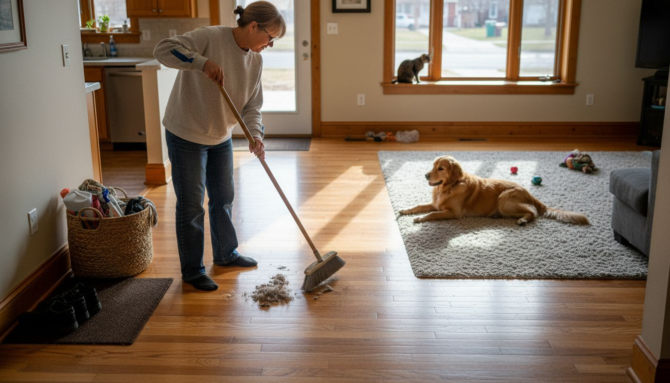 Woman cleaning hardwood floors with pets nearby