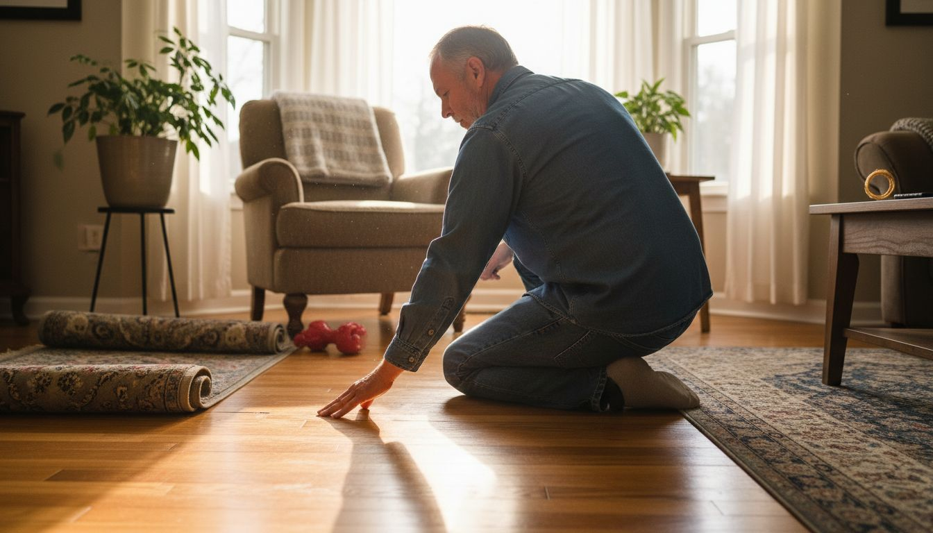 Homeowner inspecting hardwood floor for damage