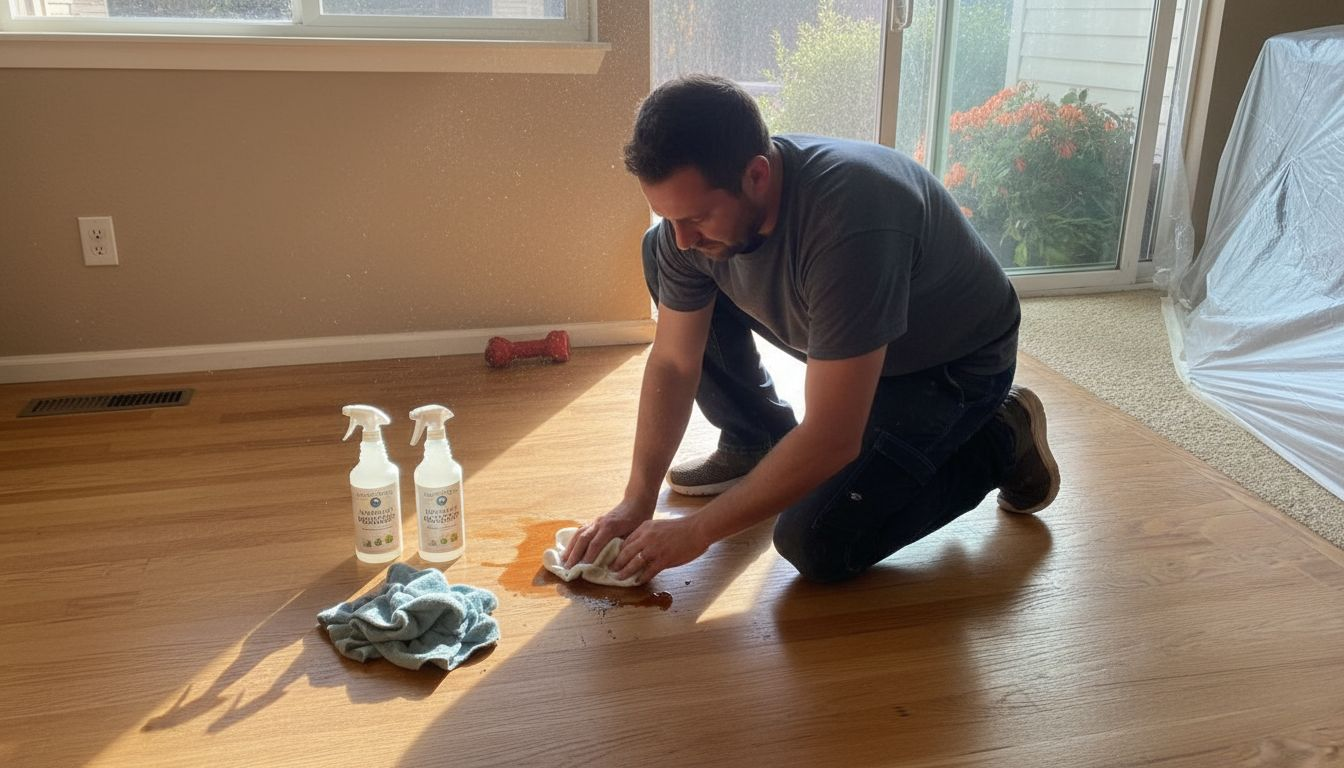 Worker blotting coffee spill on hardwood floor