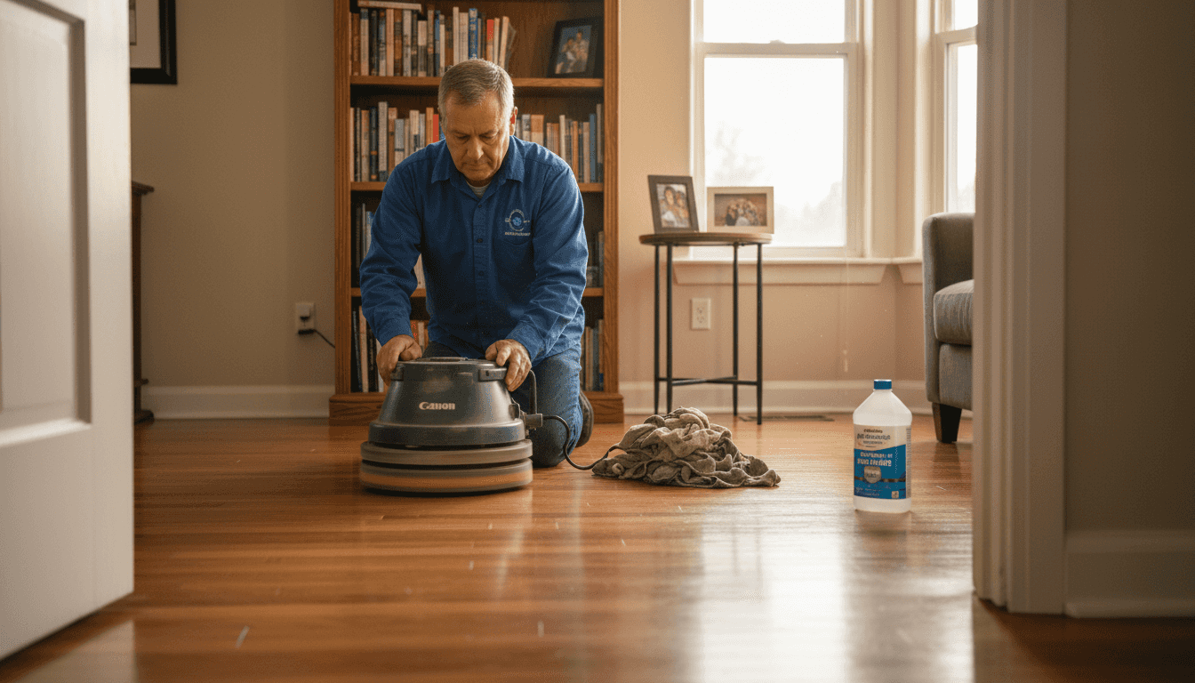 Worker removing wax from hardwood floor