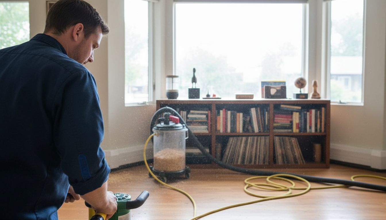 Worker using dustless sanding machine on floor