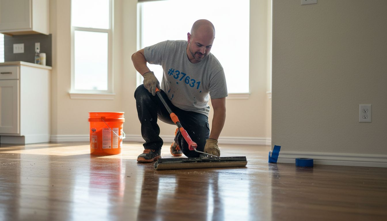 Technician applying water-based floor finish