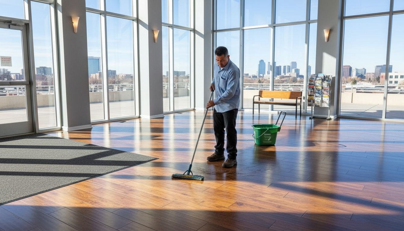 Janitor cleaning hardwood floor in Colorado building
