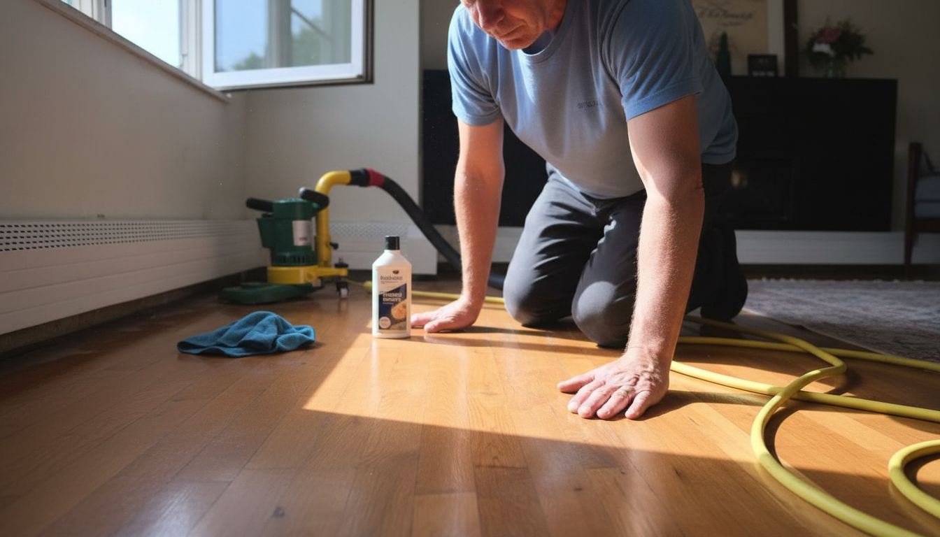Homeowner inspecting hardwood floor scratch