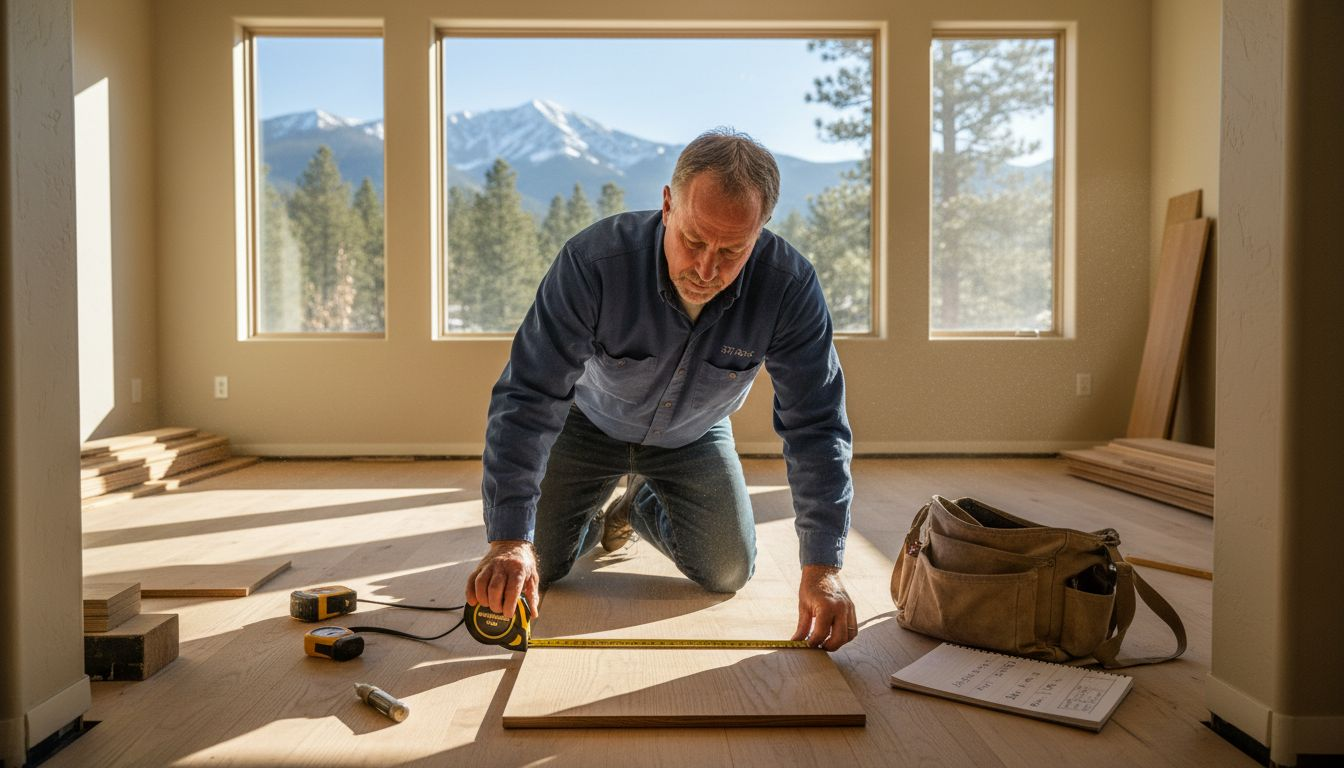 Installer kneeling in sunlit Colorado living room