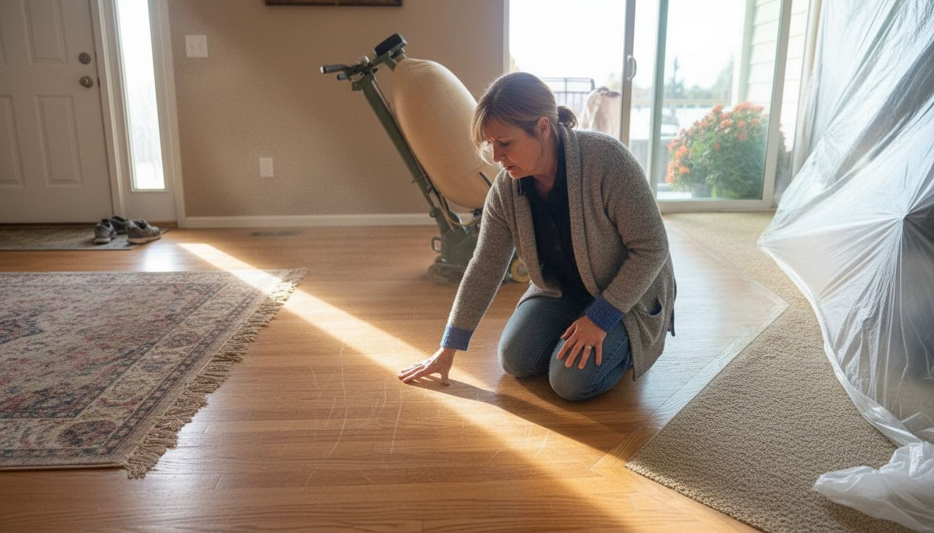 Homeowner inspecting scratched hardwood floor Denver
