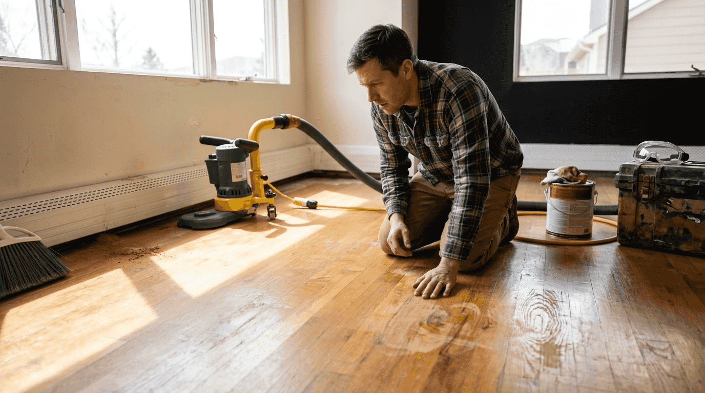 Homeowner inspecting uneven refinished wood floor
