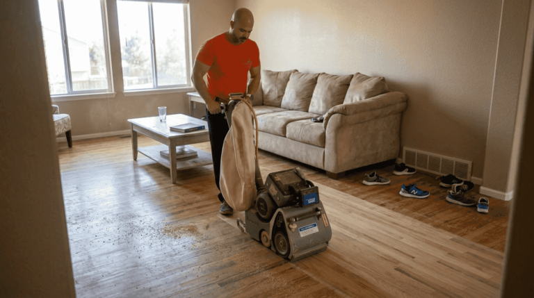 Floor sanding professional using dustless sander in home