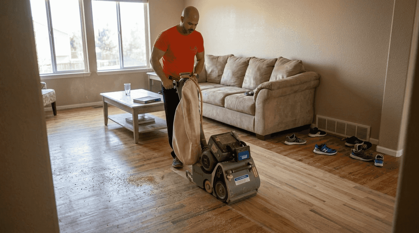 Floor sanding professional using dustless sander in home