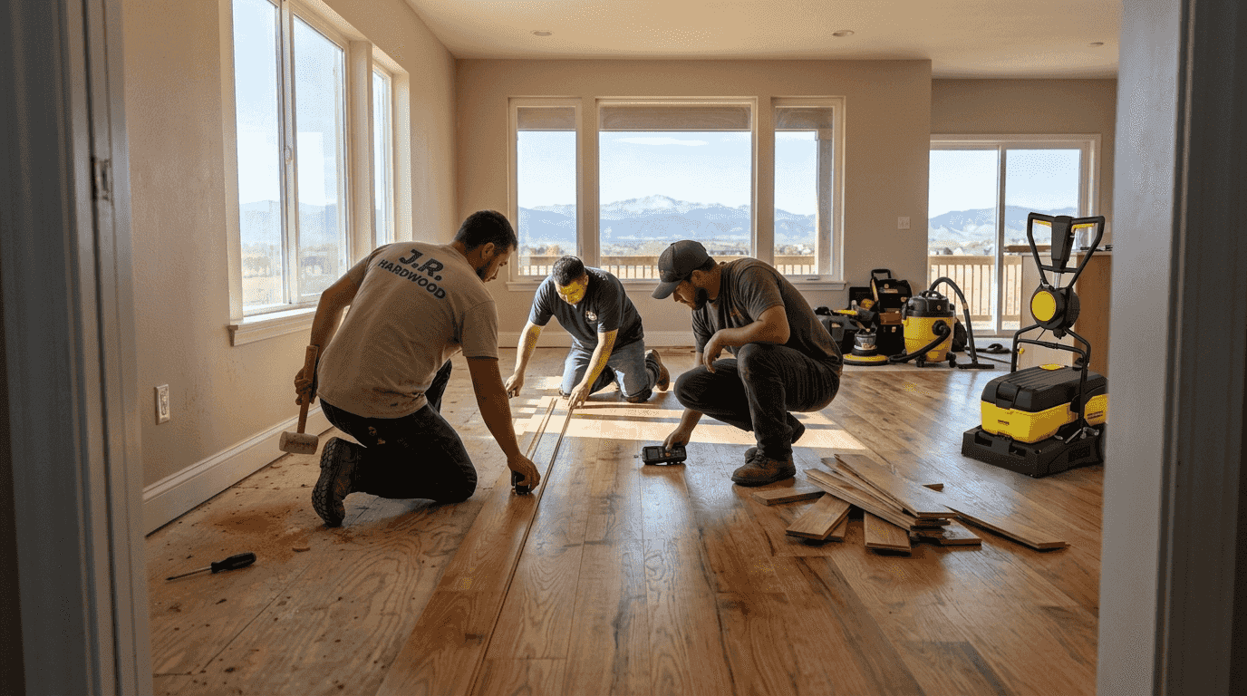 Flooring crew installing wood floors in Denver home