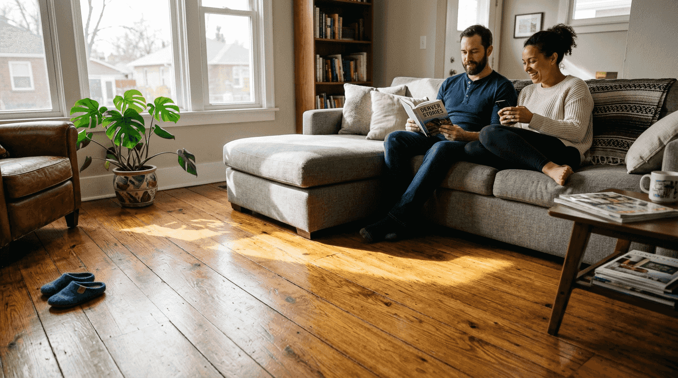 Denver couple in sunlit living room on hardwood