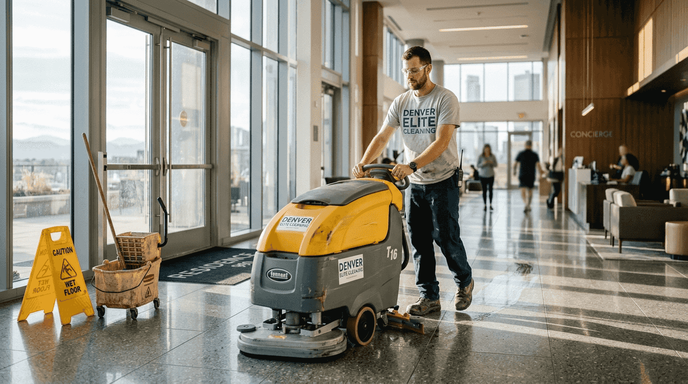 Technician cleaning high-rise lobby floor
