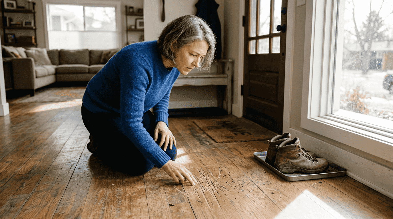 Homeowner examines worn wood floor scratches