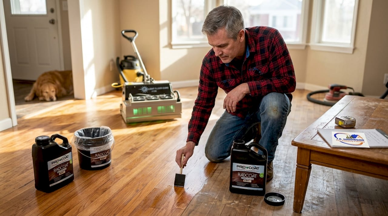 Flooring expert refinishing hardwood floor in Denver home