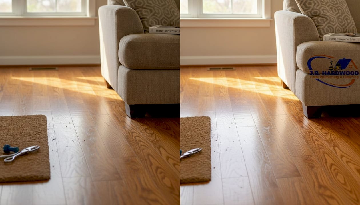 Homeowner checking hardwood for scratches Colorado