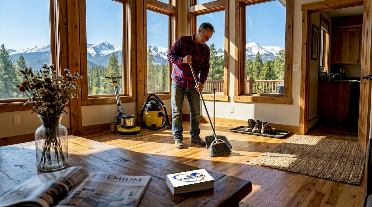 Homeowner sweeping hardwood floor in sunny Colorado room