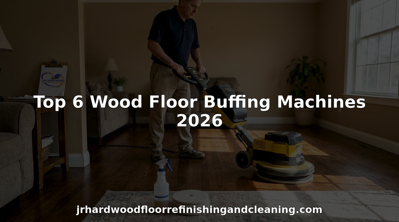 Worker buffing hardwood floor with machine in bright living room