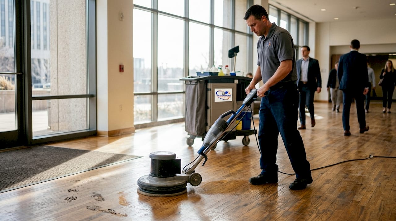 Technician buffing hardwood floor in Denver lobby