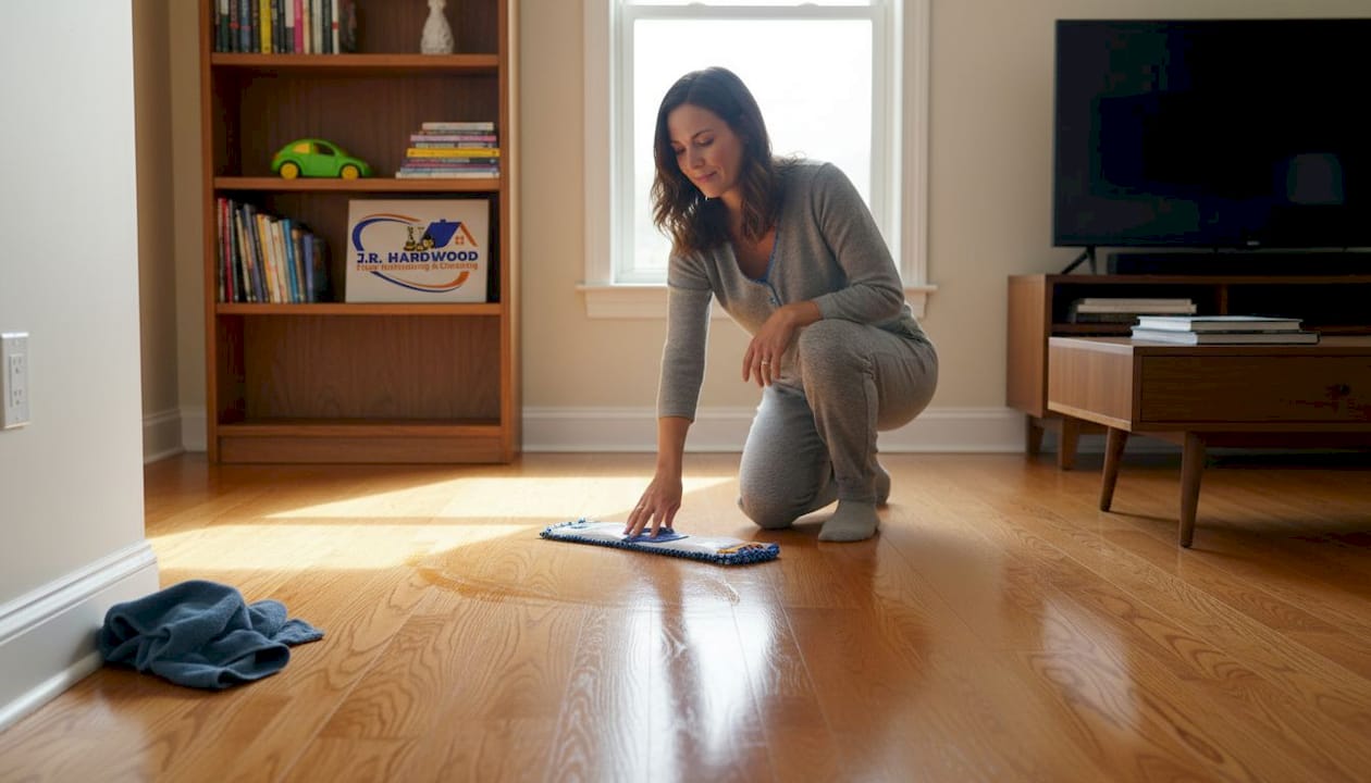 Woman mopping laminate floor in sunlit living room