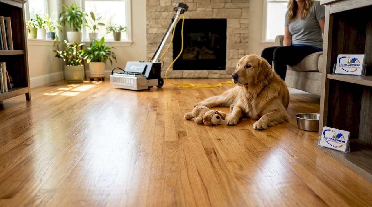 Woman and dog on pet-friendly living room floor