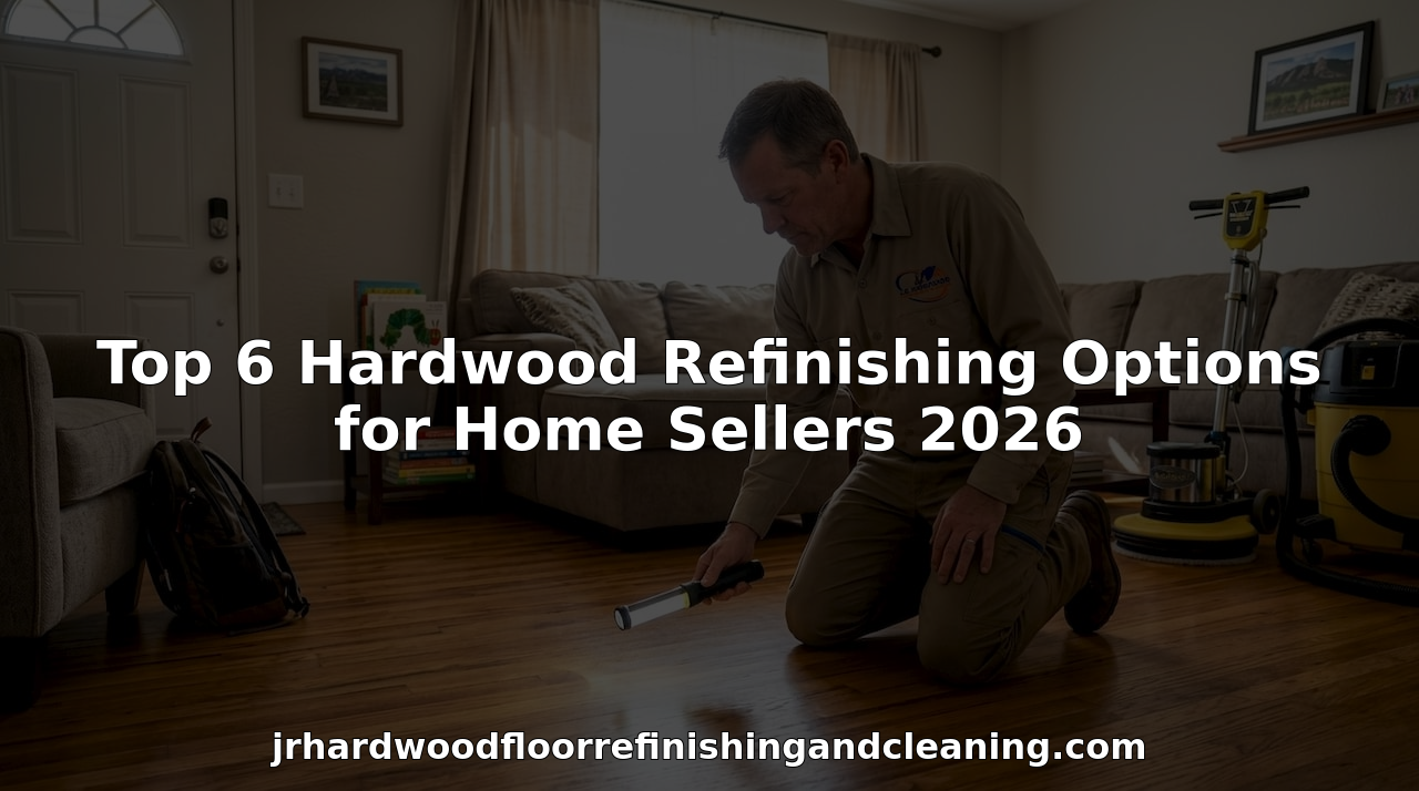 Hardwood refinisher inspecting living room floor