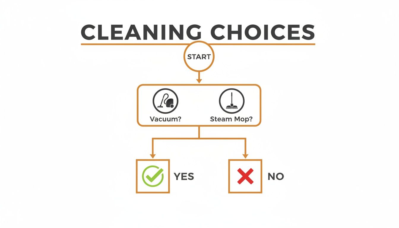 Flowchart diagram outlining cleaning choices, starting with options for vacuuming or steam mopping.