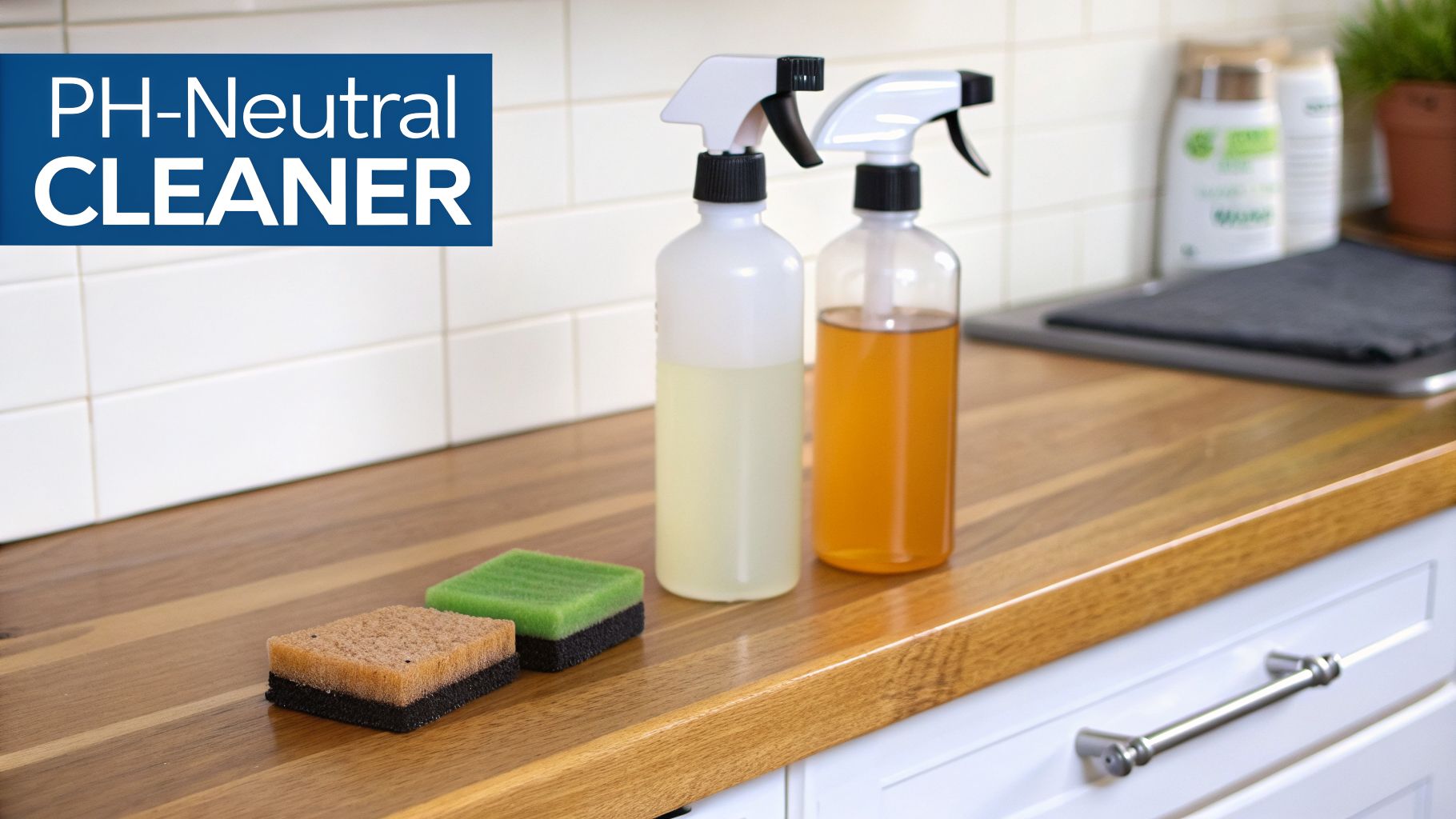 Two spray bottles of PH-neutral cleaner and two cleaning sponges on a wooden kitchen countertop.