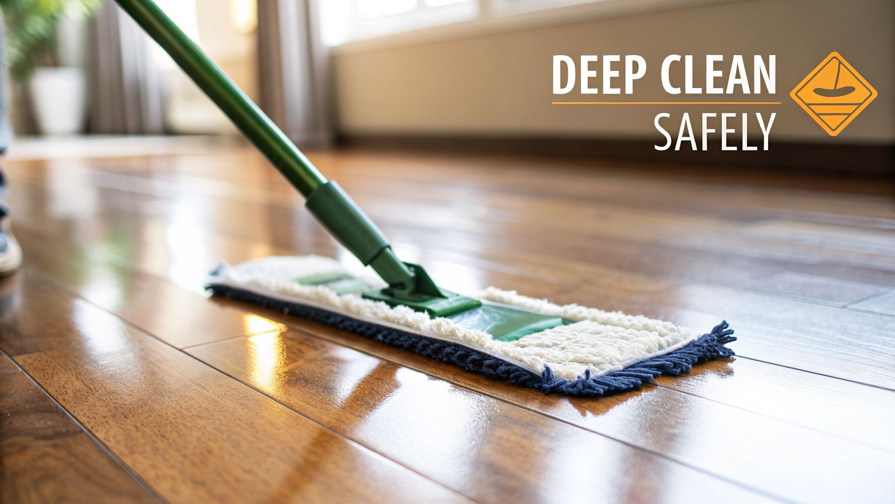 A person mops a gleaming hardwood floor with a green microfiber mop, emphasizing deep cleaning safely.