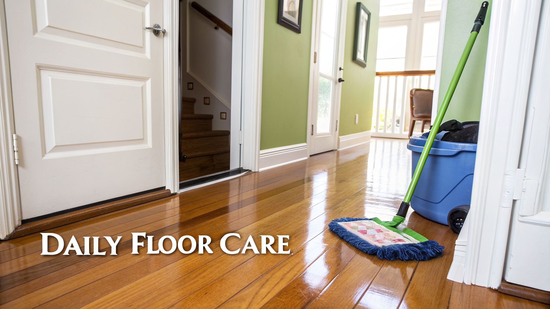 Shiny hardwood floors in a hallway with a mop, cleaning bucket, and white doors, emphasizing daily floor care.