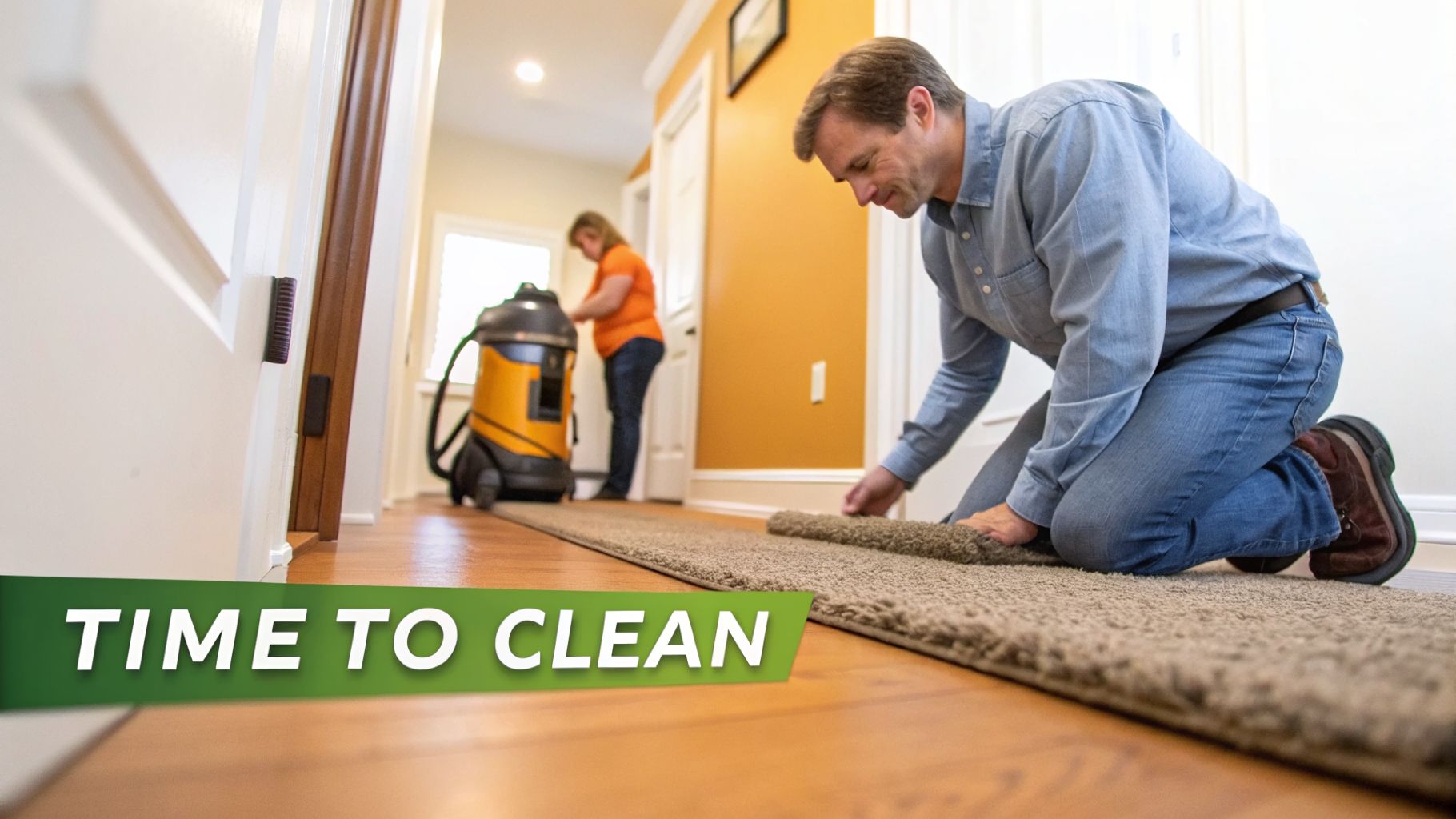 A man rolls up a carpet runner in a hallway while a woman operates a large vacuum cleaner.