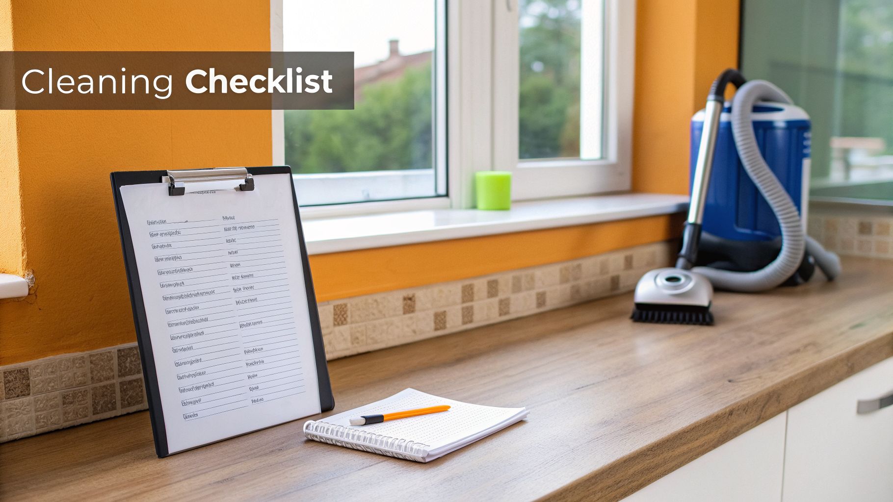 Cleaning checklist on a clipboard next to a notebook and vacuum cleaner on a wooden counter.
