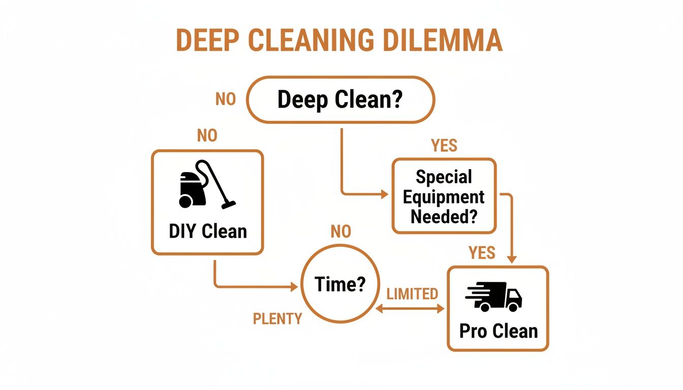 Flowchart illustrating the deep cleaning dilemma, guiding users through DIY, professional, and equipment decisions.