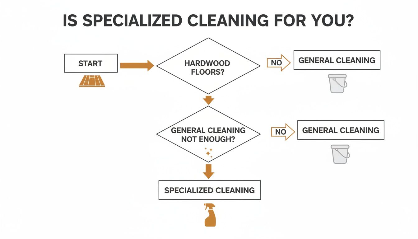 Flowchart guiding users on whether specialized cleaning is needed for hardwood floors or if general cleaning suffices.