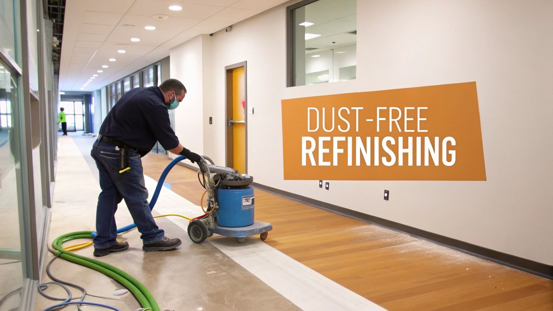 A worker in a mask uses a dust-free floor refinishing machine on a wooden hallway floor.