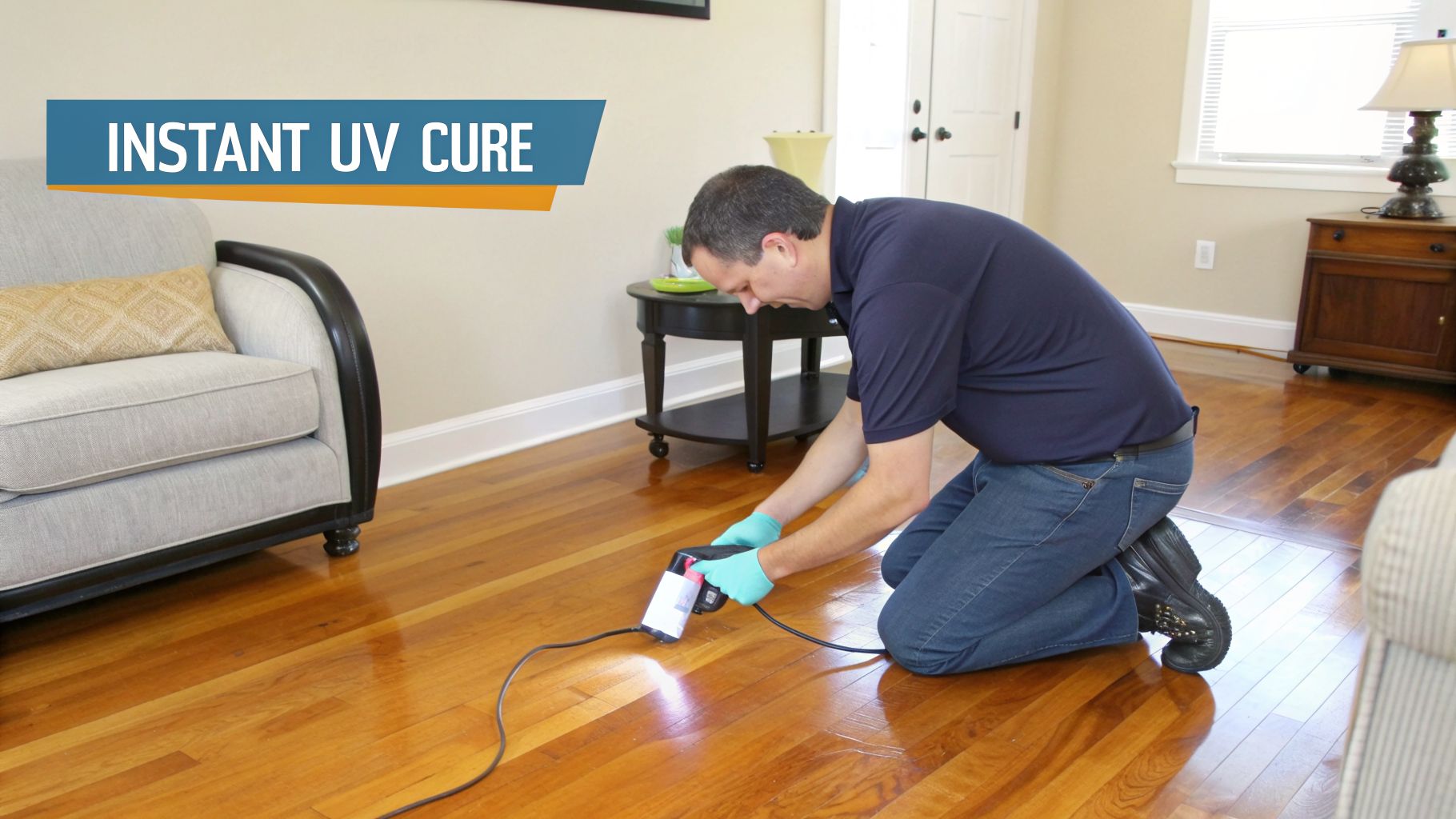 A man in teal gloves uses a handheld UV lamp to cure a hardwood floor.