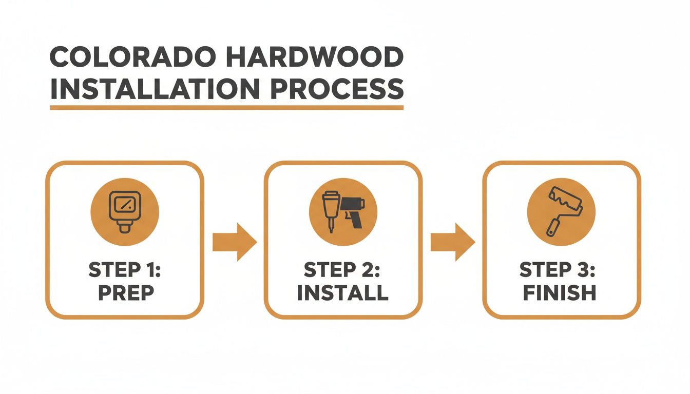A three-step visual guide for Colorado hardwood floor installation outlining Prep, Install, and Finish.