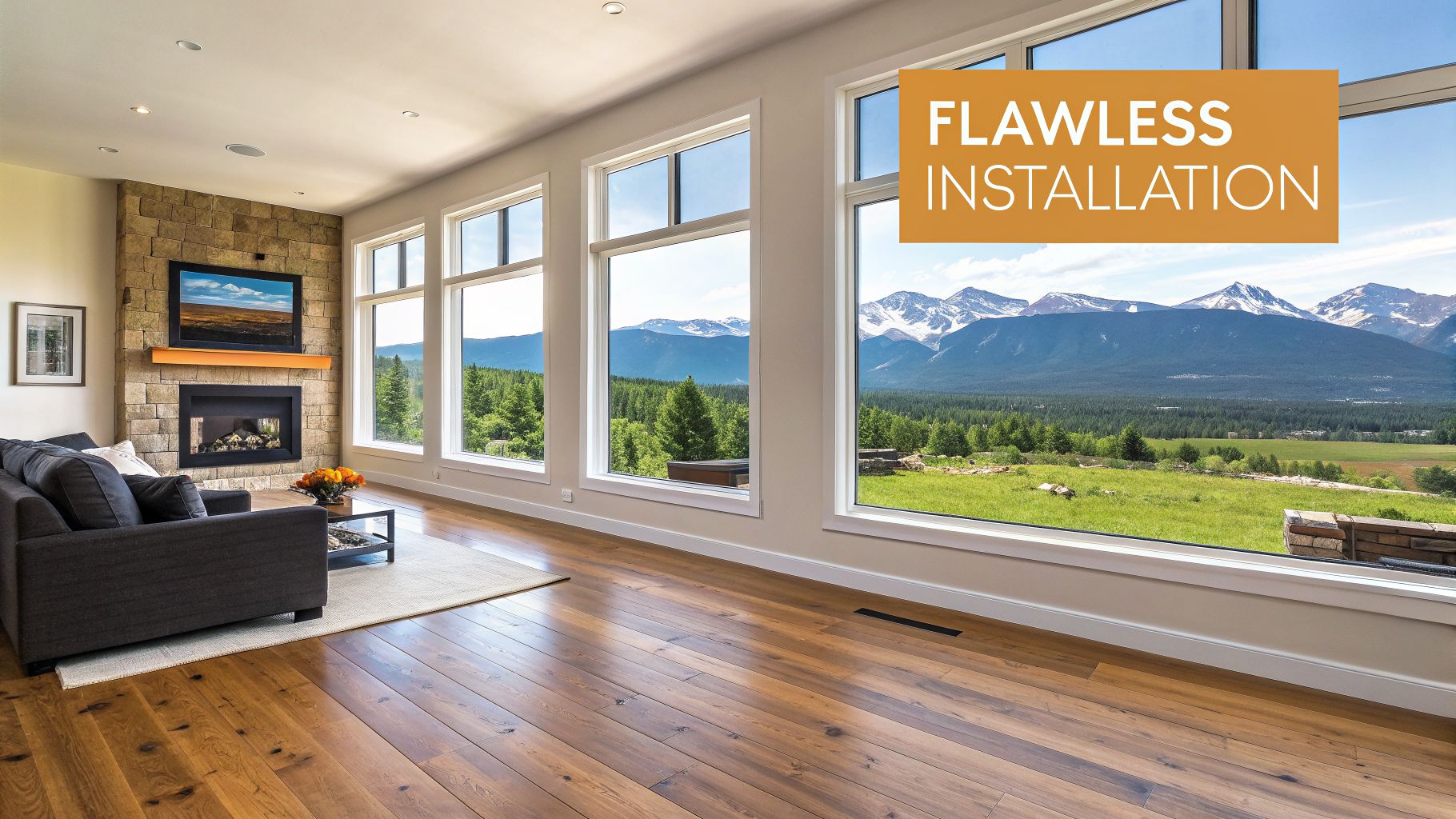 Spacious living room with flawless hardwood floor installation, a stone fireplace, and stunning mountain views.