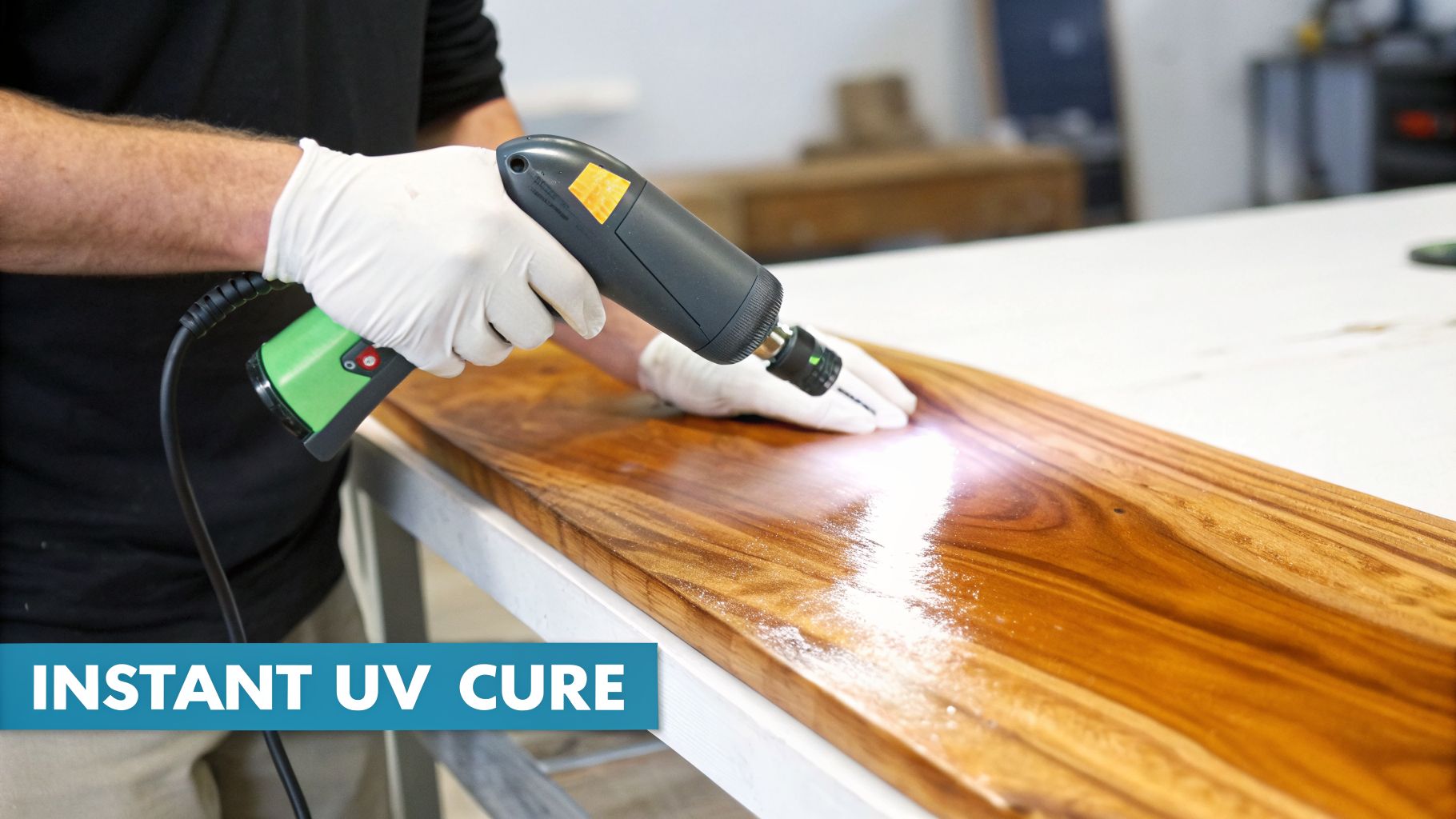 Worker using a handheld UV lamp to instantly cure a clear finish on a beautiful wooden board.