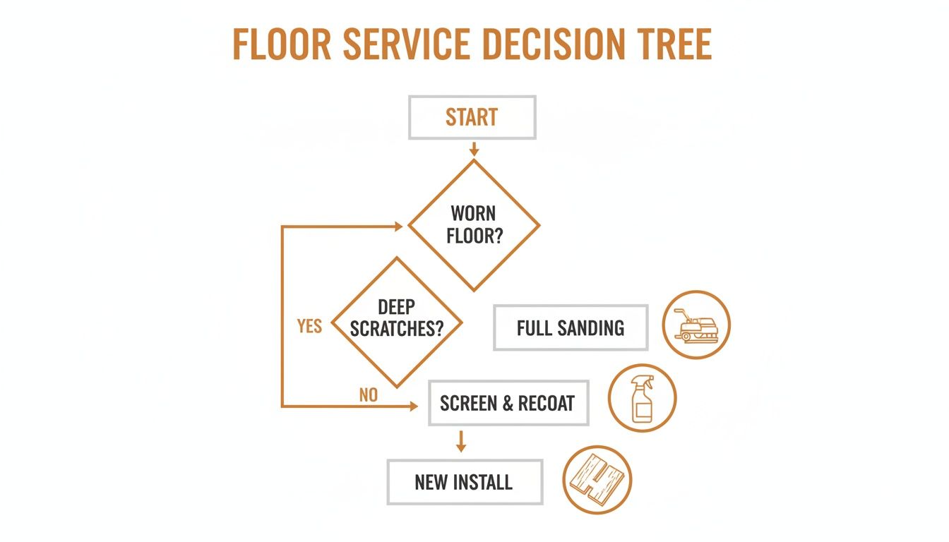 A flowchart detailing a floor service decision tree with steps for worn floors, deep scratches, sanding, recoating, or new installation.
