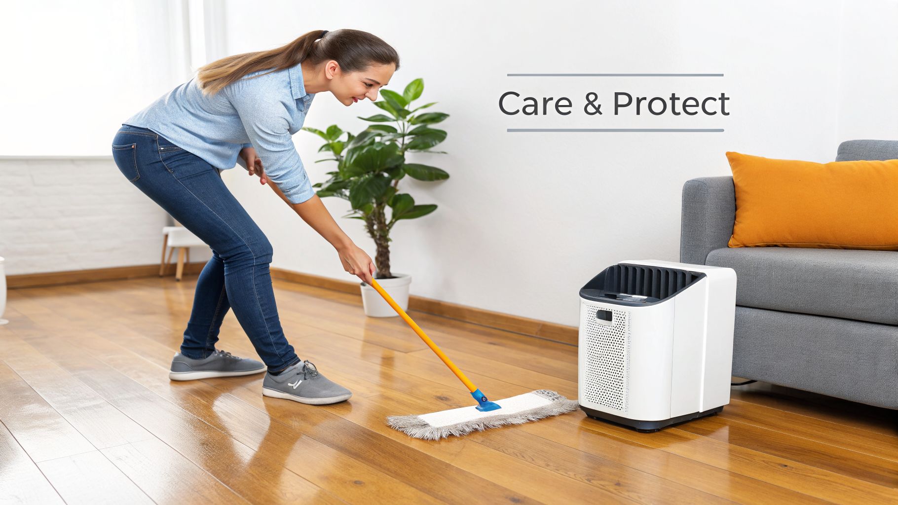 A smiling woman mops a beautiful wooden floor in a bright living room, near an air purifier.
