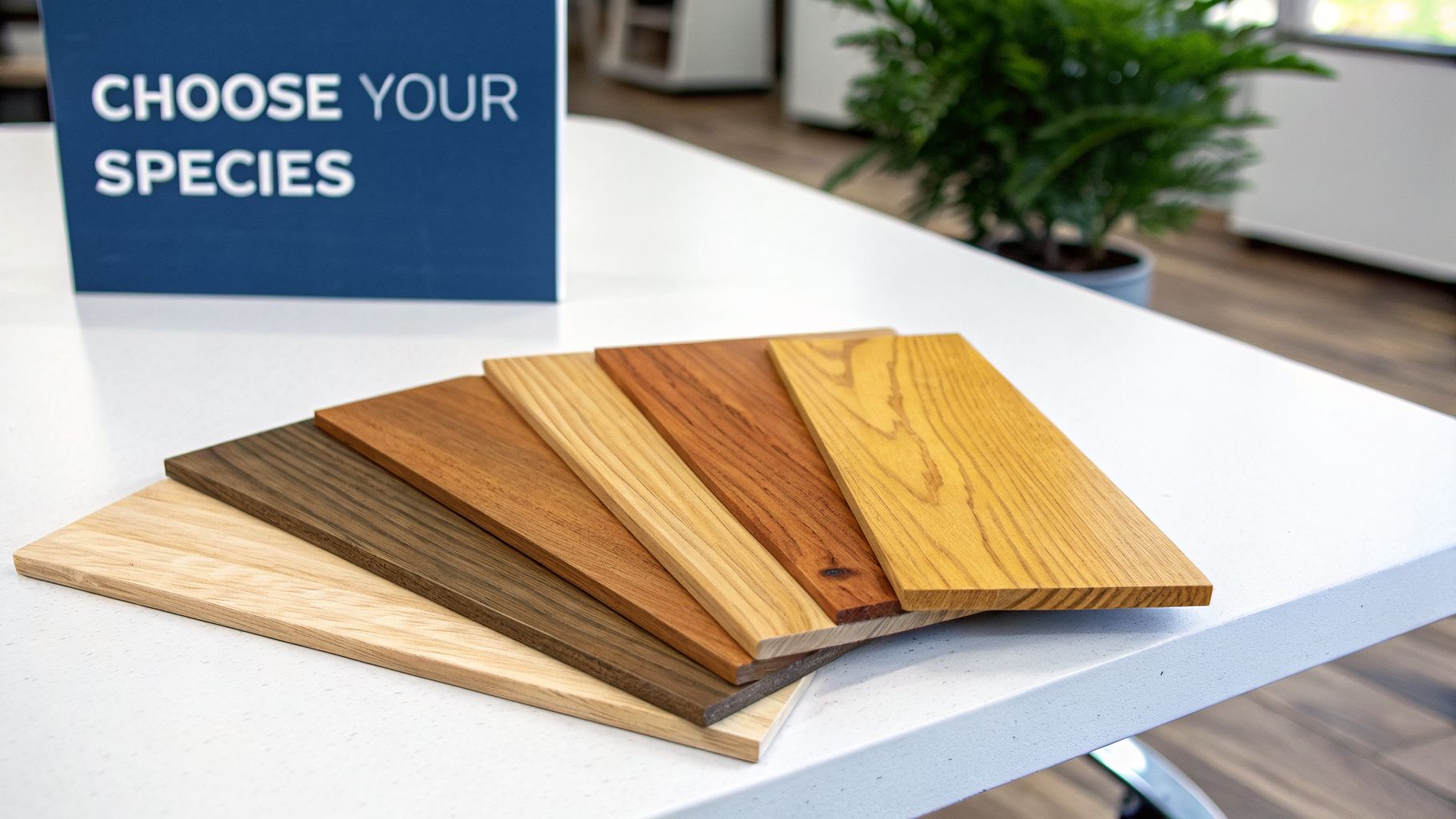 Various hardwood flooring samples displaying different wood species, colors, and grain patterns on a white table.