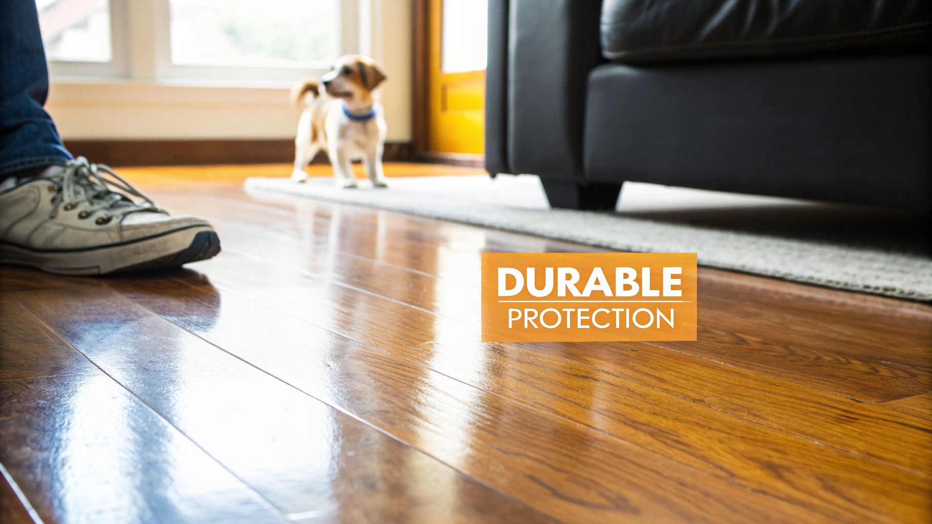 A person's foot and a small dog on a shiny wooden floor, highlighting durable protection.