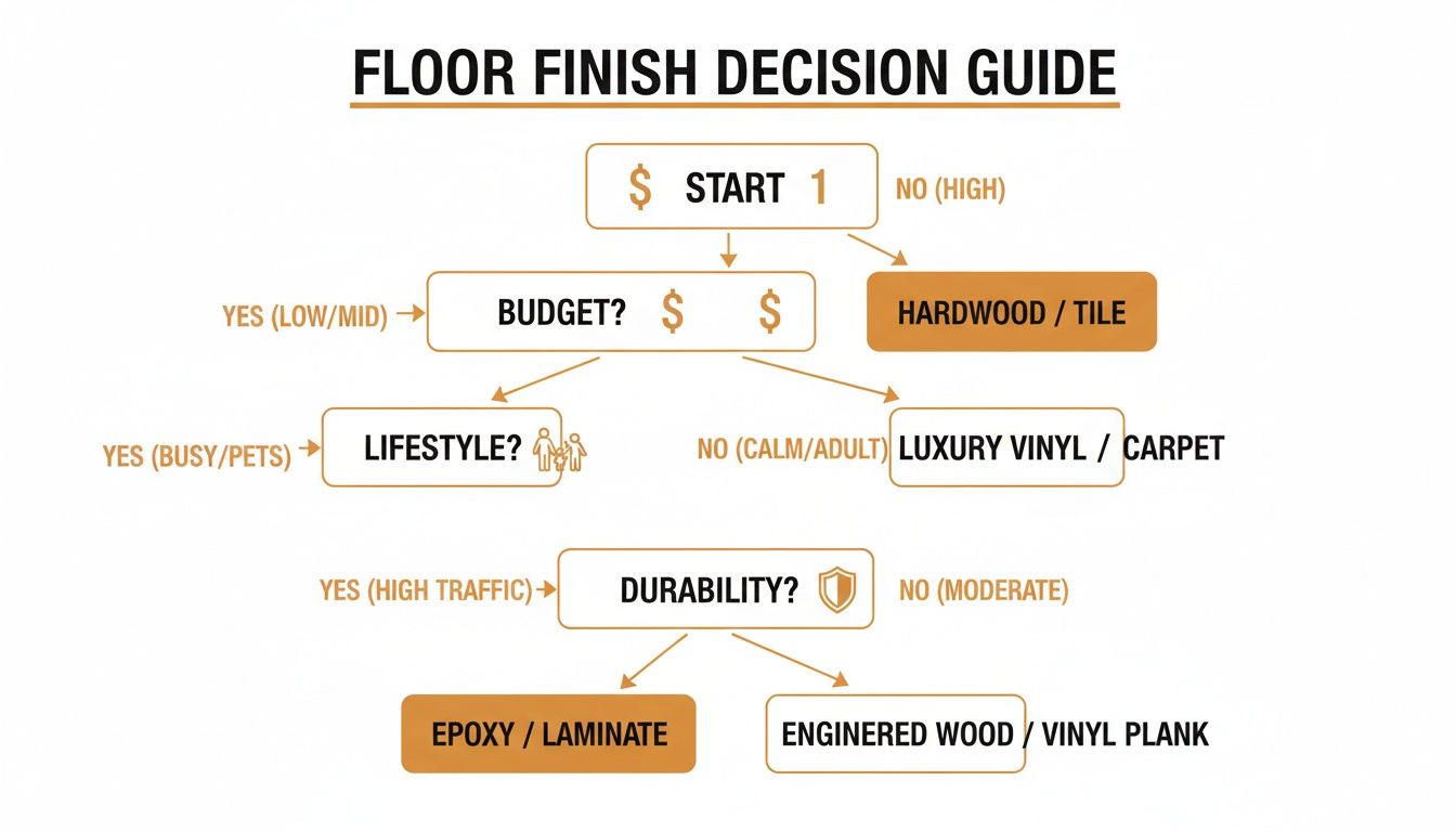 Flowchart guide for selecting floor finishes, considering budget, lifestyle, and durability for various floor types.