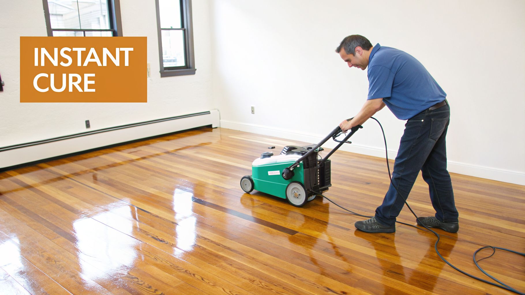 Man operating a floor polishing machine on a shiny wooden floor in an empty room.