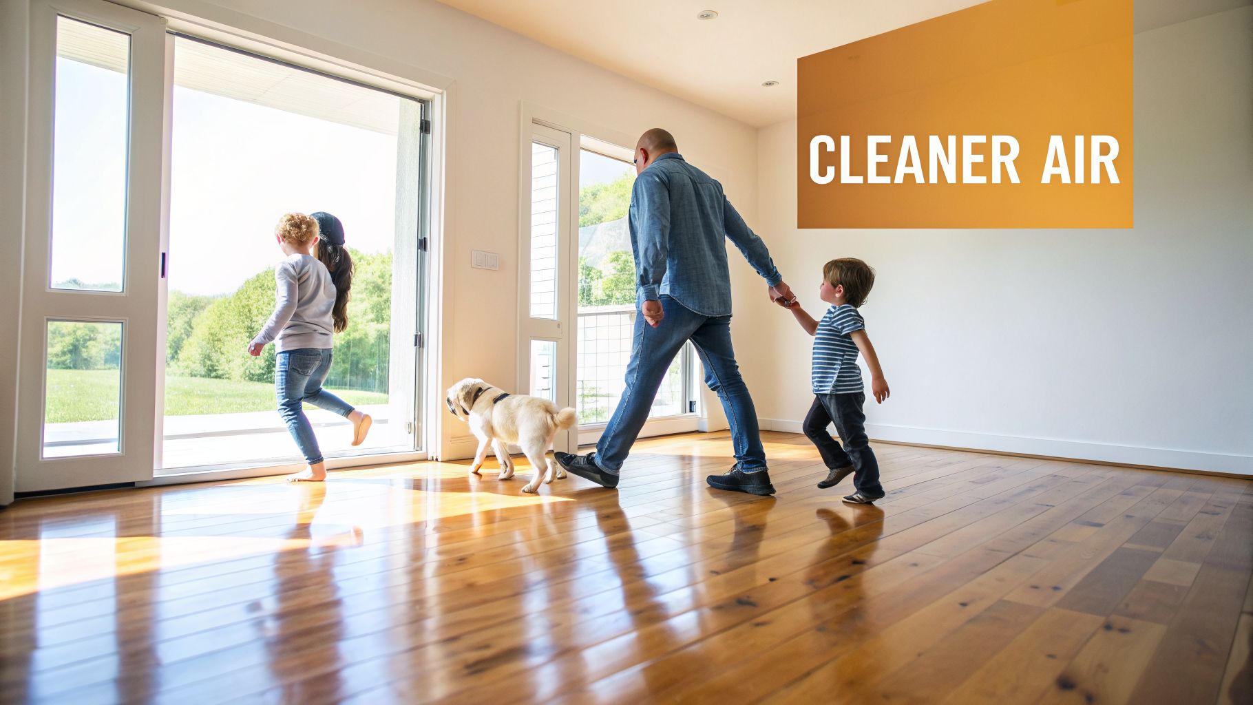 A family with children and a dog enjoys natural light through an open door, suggesting cleaner air.